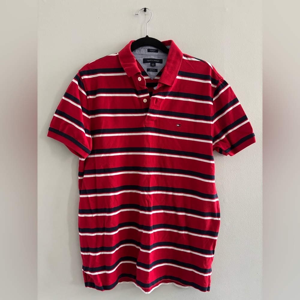 Tommy Hilfiger Red, Navy & White Striped Polo Shirt Sz. Large